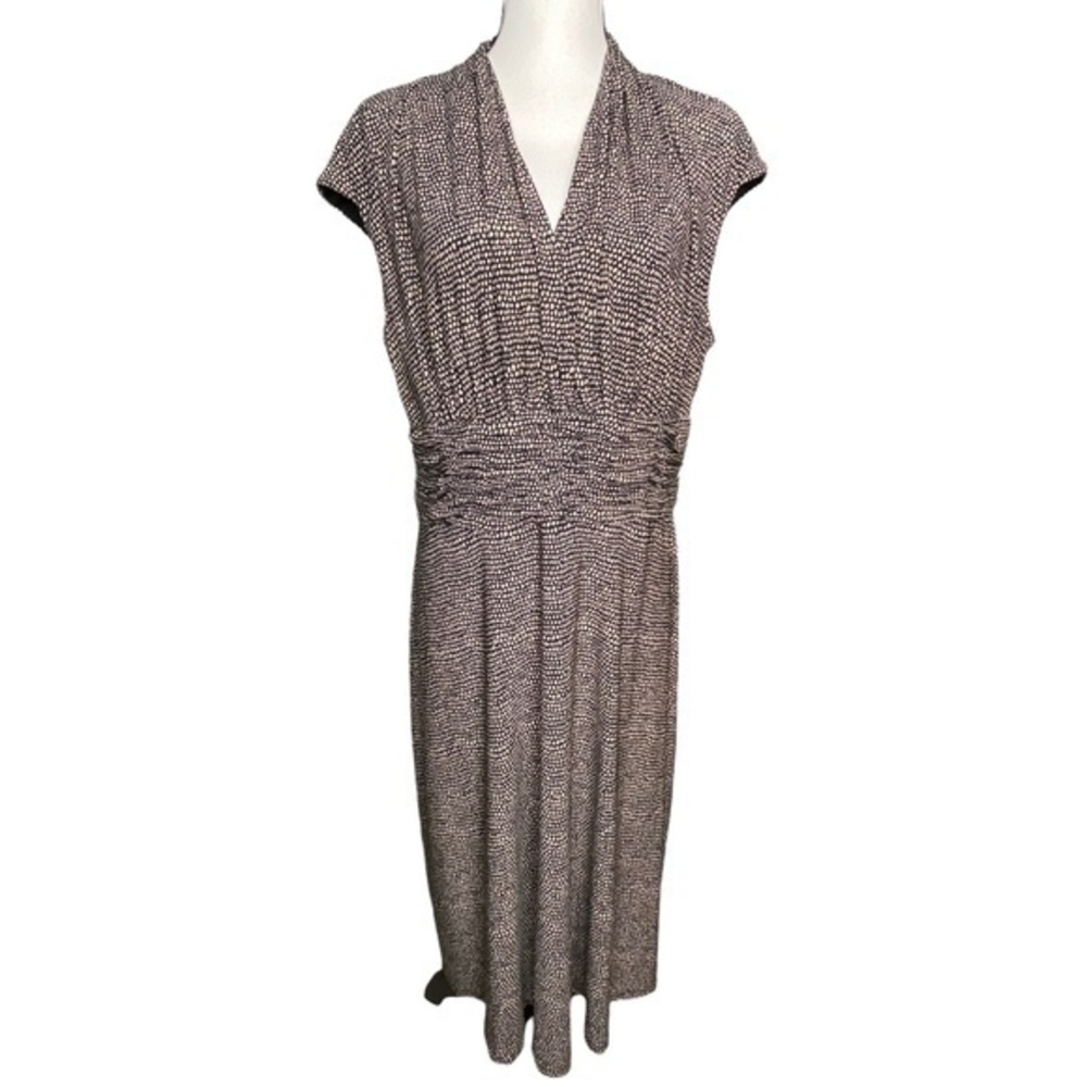 Evan Picone Dress Black and Ivory Matte Jersey Print V Neck Cap Sleeve Size 16